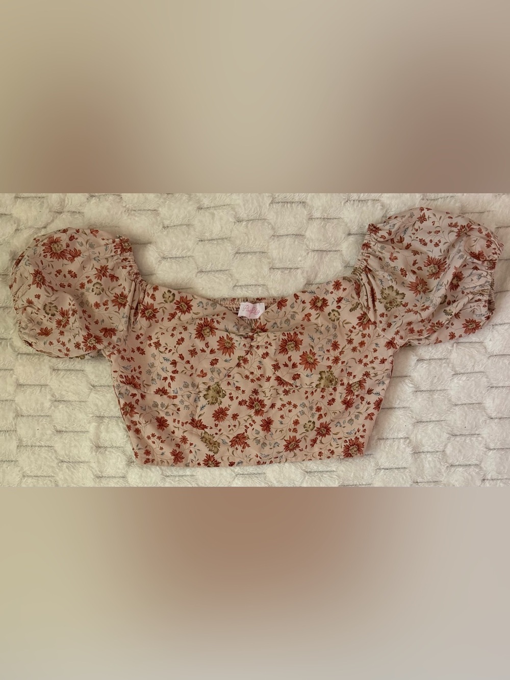 Pink Lily Floral Puff Sleeve Crop Top Smocked Back Size S Boho